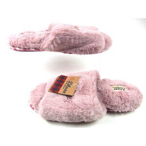 Dluxe Dearfoams Slippers Womens 11-12 Mules Slip On Comfort Flats Pink Faux Fur